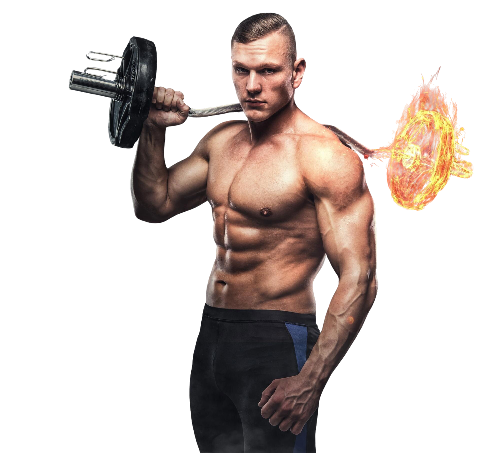 shirtless-muscular-athletic-male-holds-burning-barbell-grey-background